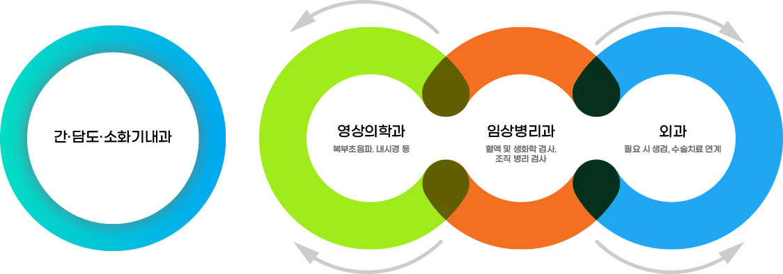 간·담도·소화기내과 - 임상병리과(혈액 및 생화학 검사, 조직 병리 검사) → 외과(필요 시 생검, 수술치료 연계), 임상병리과 → 영상의학과(복부초음파, 내시경 등)